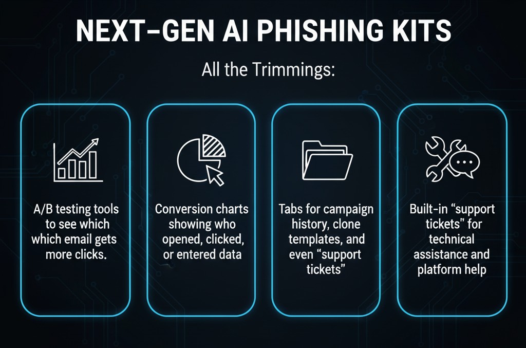 Infographic outlining features of next-gen AI phishing kits with A/B testing, analytics, and campaign management tools.