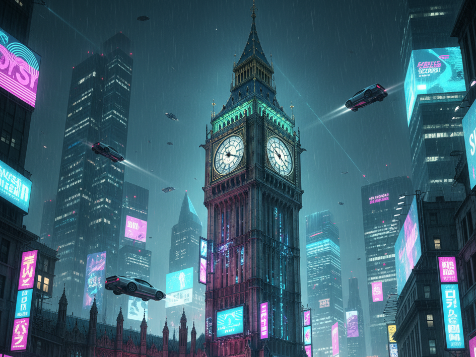 Cyberpunk-style Big Ben glowing in neon blue and pink lights, surrounded by futuristic skyscrapers, flying cars, and digital billboards in the rain.
